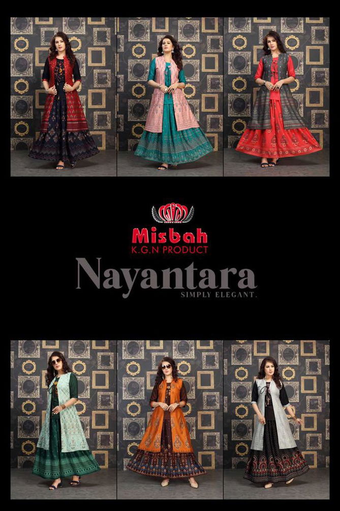 Misbah Nayantara 1 Designer Exclsive   Fancy Finest Quality Of Rayon Heavy Gold Print With Work With Jacket Kurti With Skirt Collection